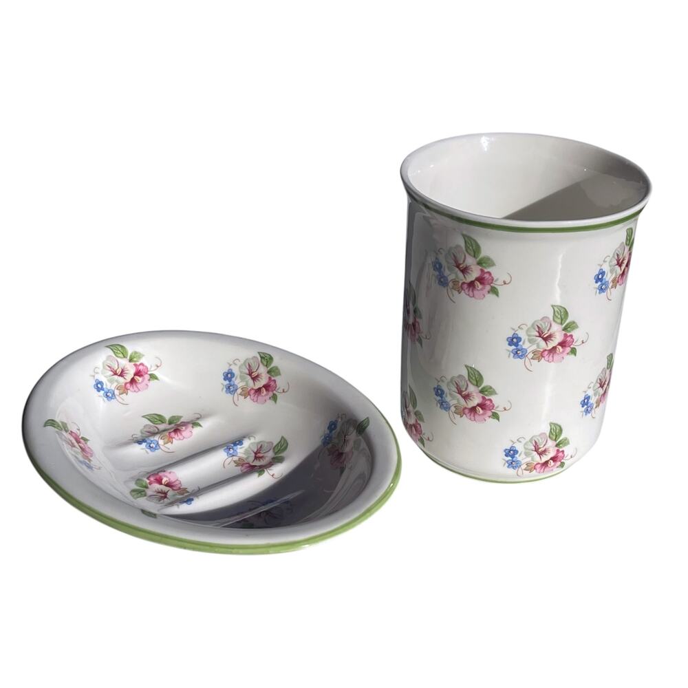 Vintage Fine Bone China Floral Soap Dish & Tumbler Set Made in England